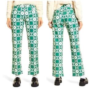 Green Geometric Print Straight-Leg Pants